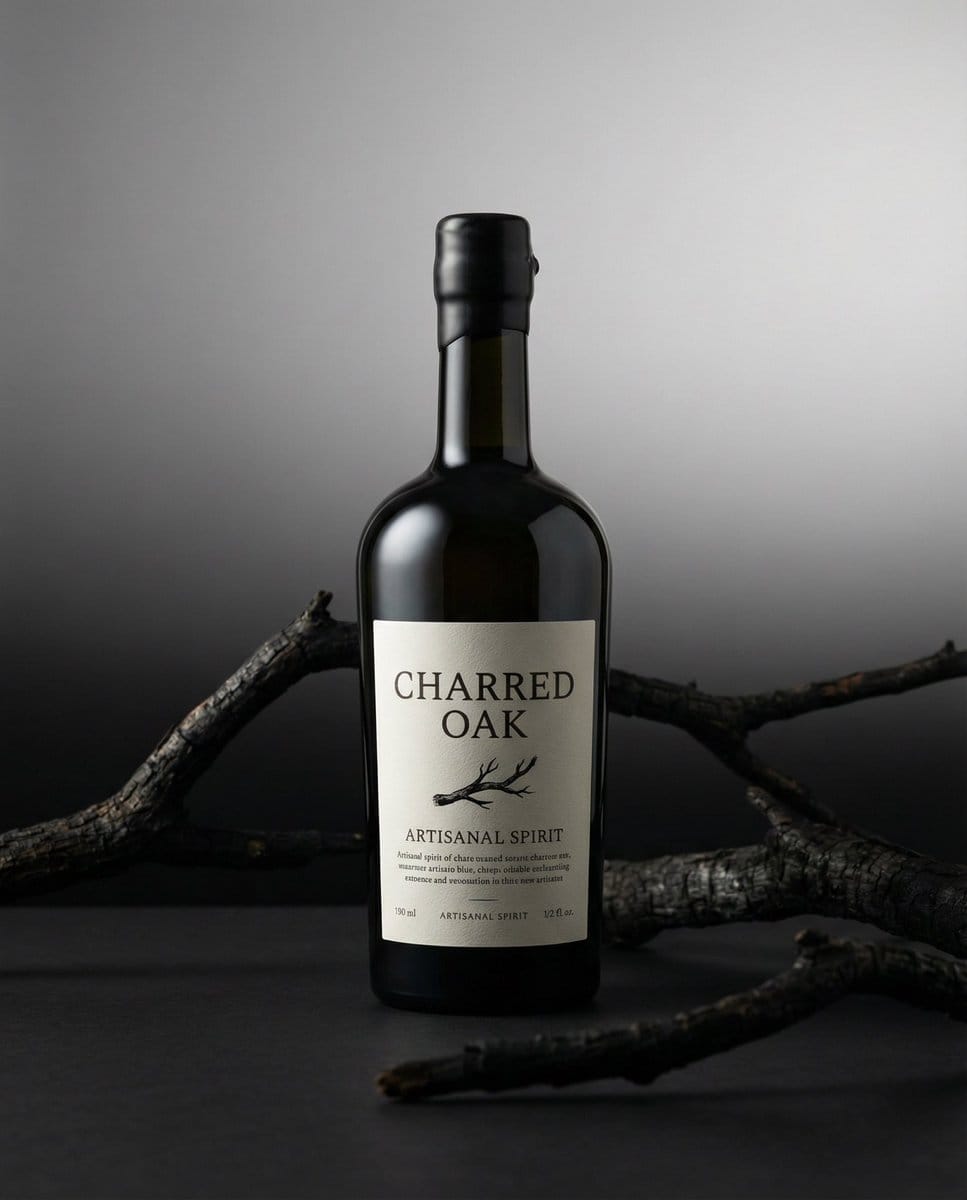 Product hero shot with charred black branches framing