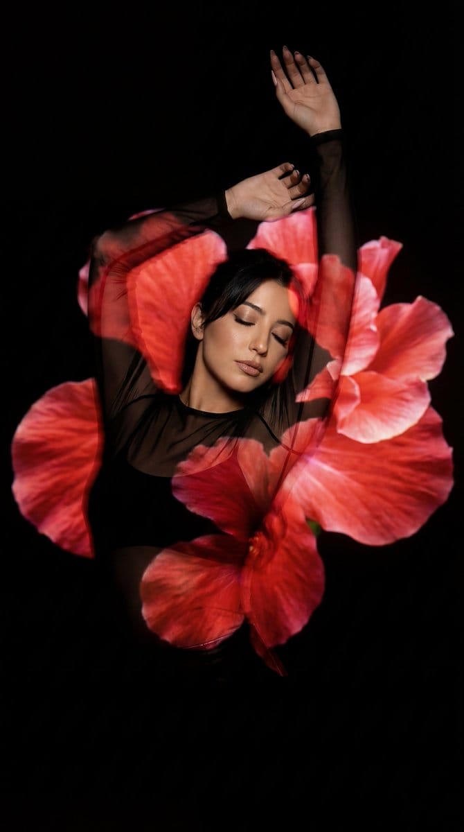 Surreal Fine Art Portrait with Red Flower Projection