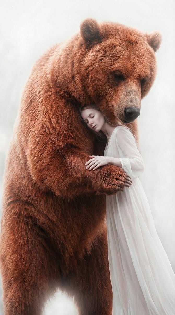 Surreal Scene of Human Embracing Massive Red Bear Prompt
