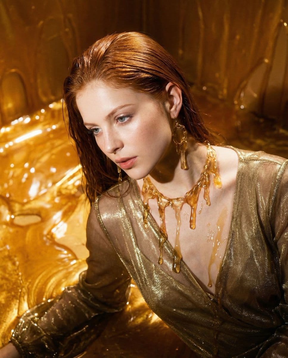 Surreal Molten Gold Editorial Portrait Prompt in JSON