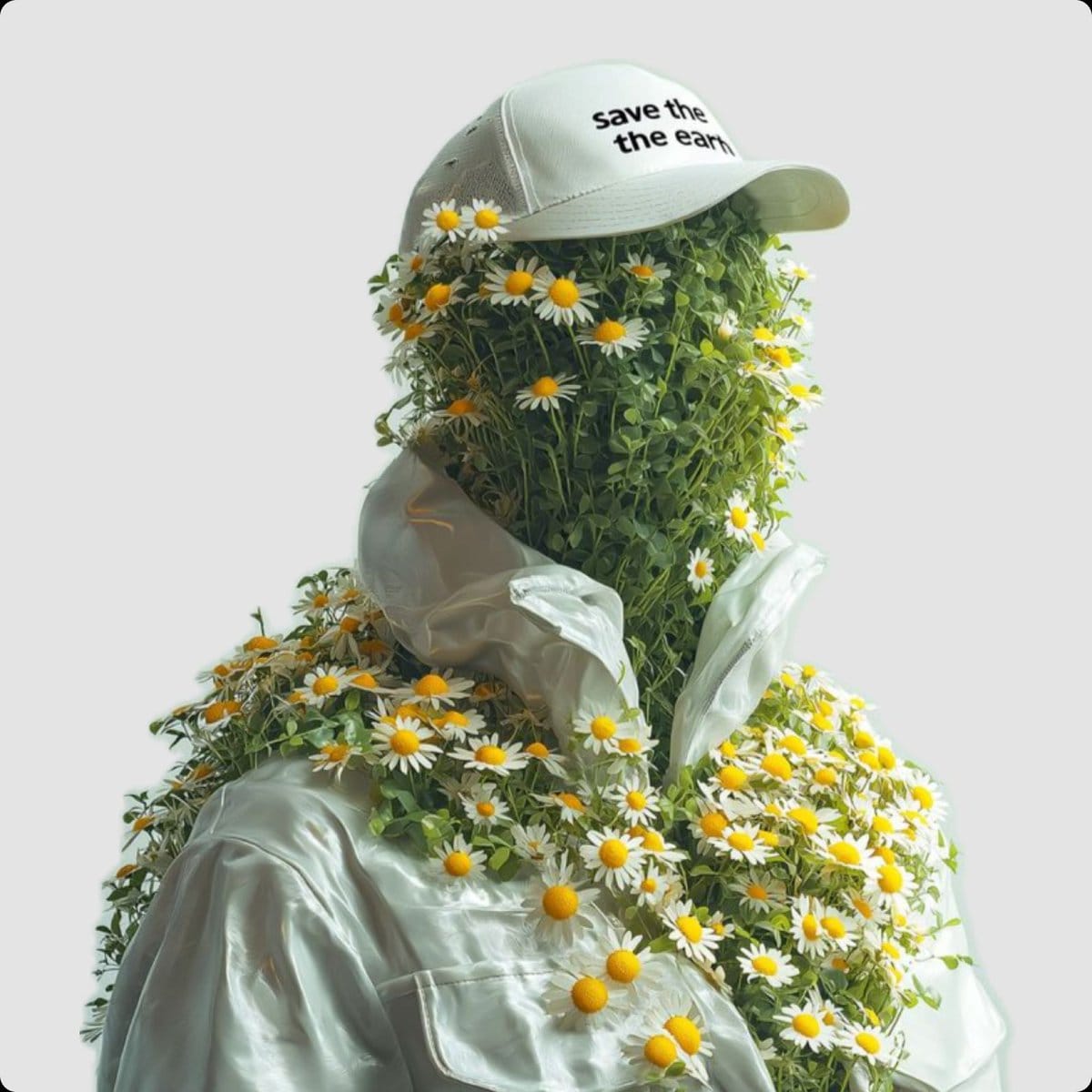Surreal Portrait of Humanoid Covered in Grass and Daisies