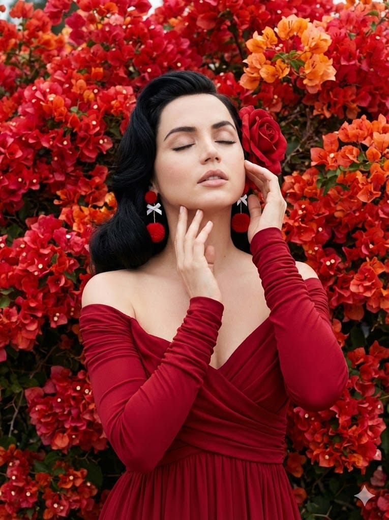 Ultra-HD portrait of Ana de Armas in a crimson gown surrounded by red flowers