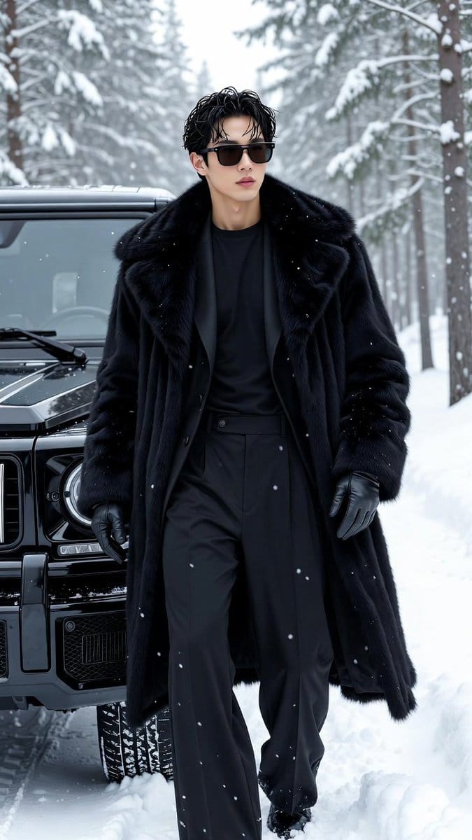 Ultra-Photorealistic Winter Fashion Portrait with G-Wagon