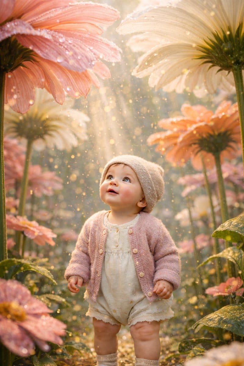 Ultra-Realistic Surreal Conceptual Portrait of a Baby in a Gigantic Flower Field