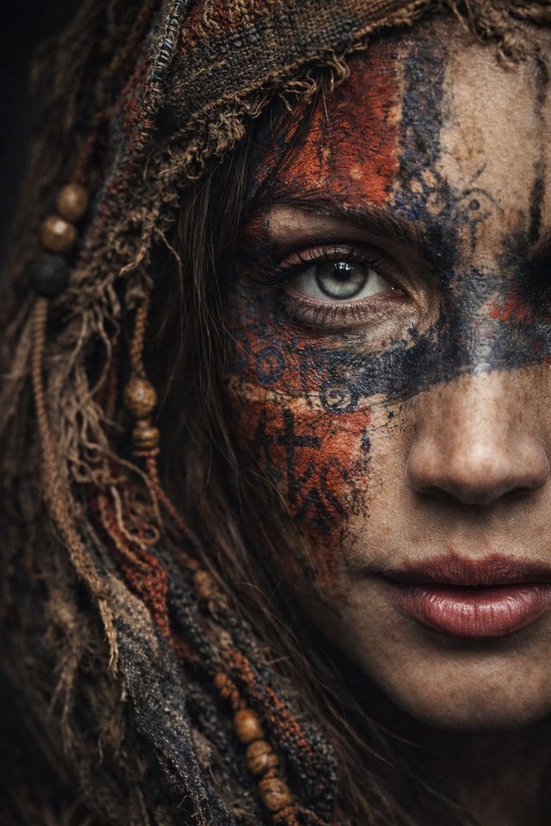 Ultra-Realistic Portrait with Tribal Markings and Painterly Realism