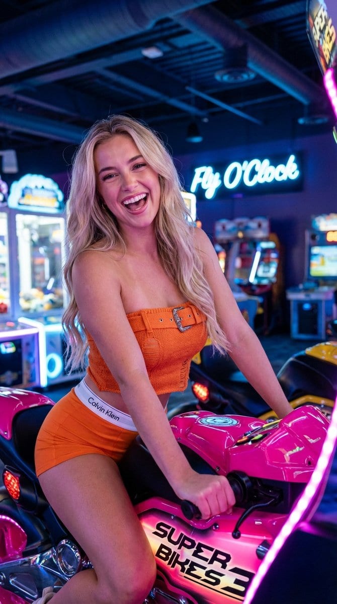 Vibrant Arcade Portrait with Orange Outfit and Neon Lights