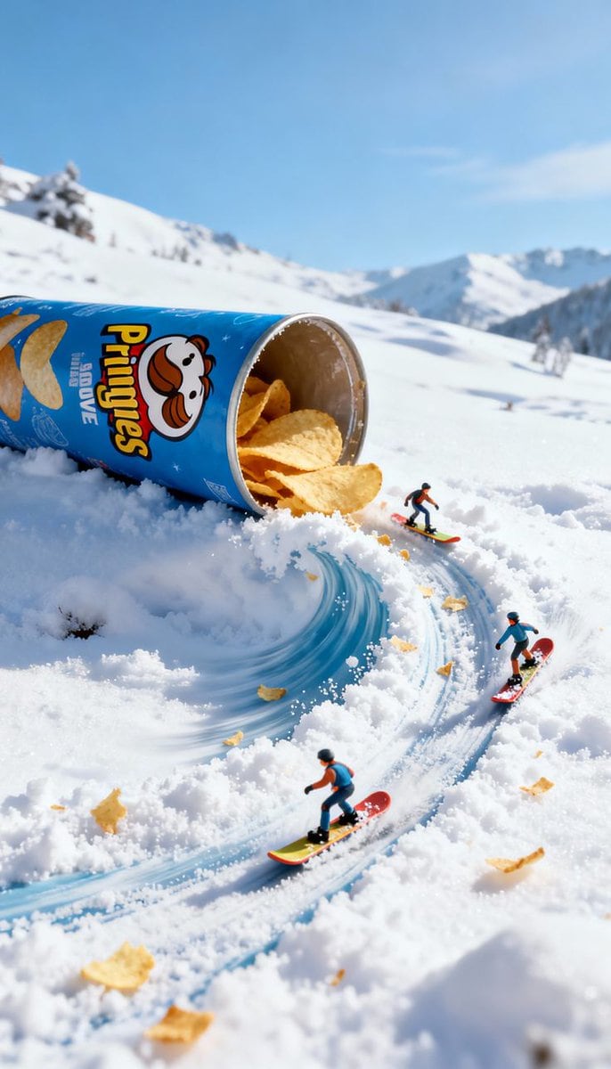 Video prompt for surreal miniature Pringles can snowboard scene